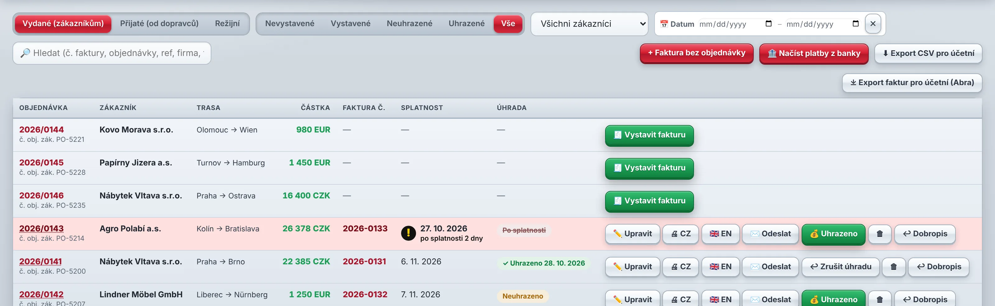 Fakturace v aplikaci Ordine: objednávky k vyfakturování, vystavené faktury, splatnost a stav úhrady.